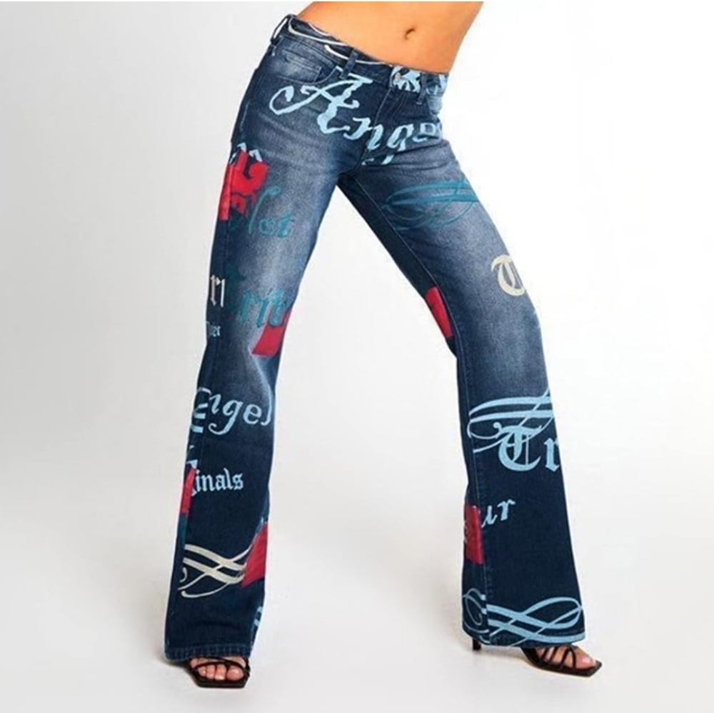 Charlie CHARLIE Charlotte Graphic Print Denim Jeans Large NEW